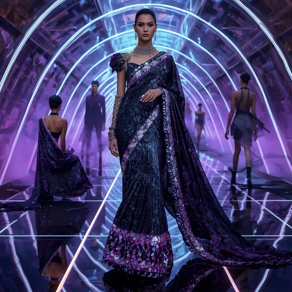 Celestial Raven Royale Saree with Floating Infinity Neon Pyramid Hall | Trending Prompt Girls Instagram