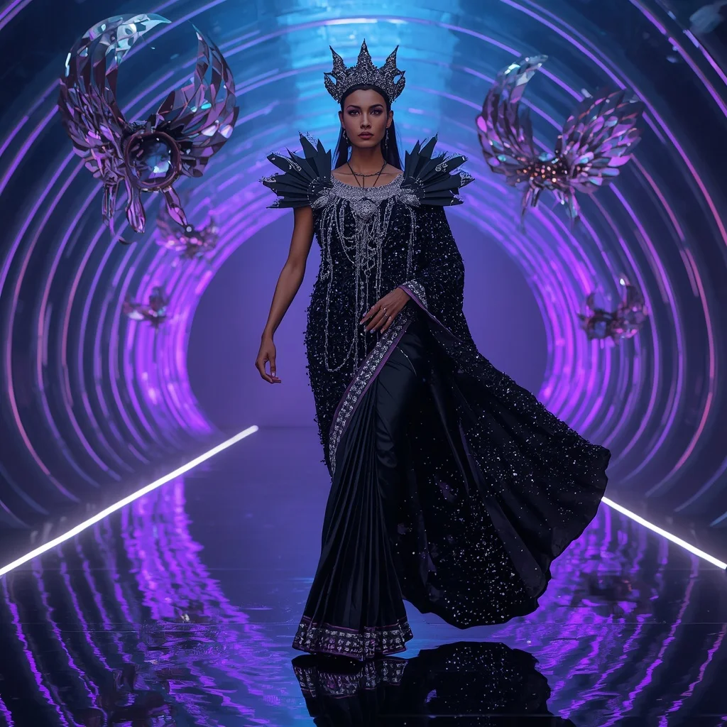 Celestial Void Singularity Armor Saree with Floating Quantum Black Prism Web Nexus Crown | Prompt Gemini