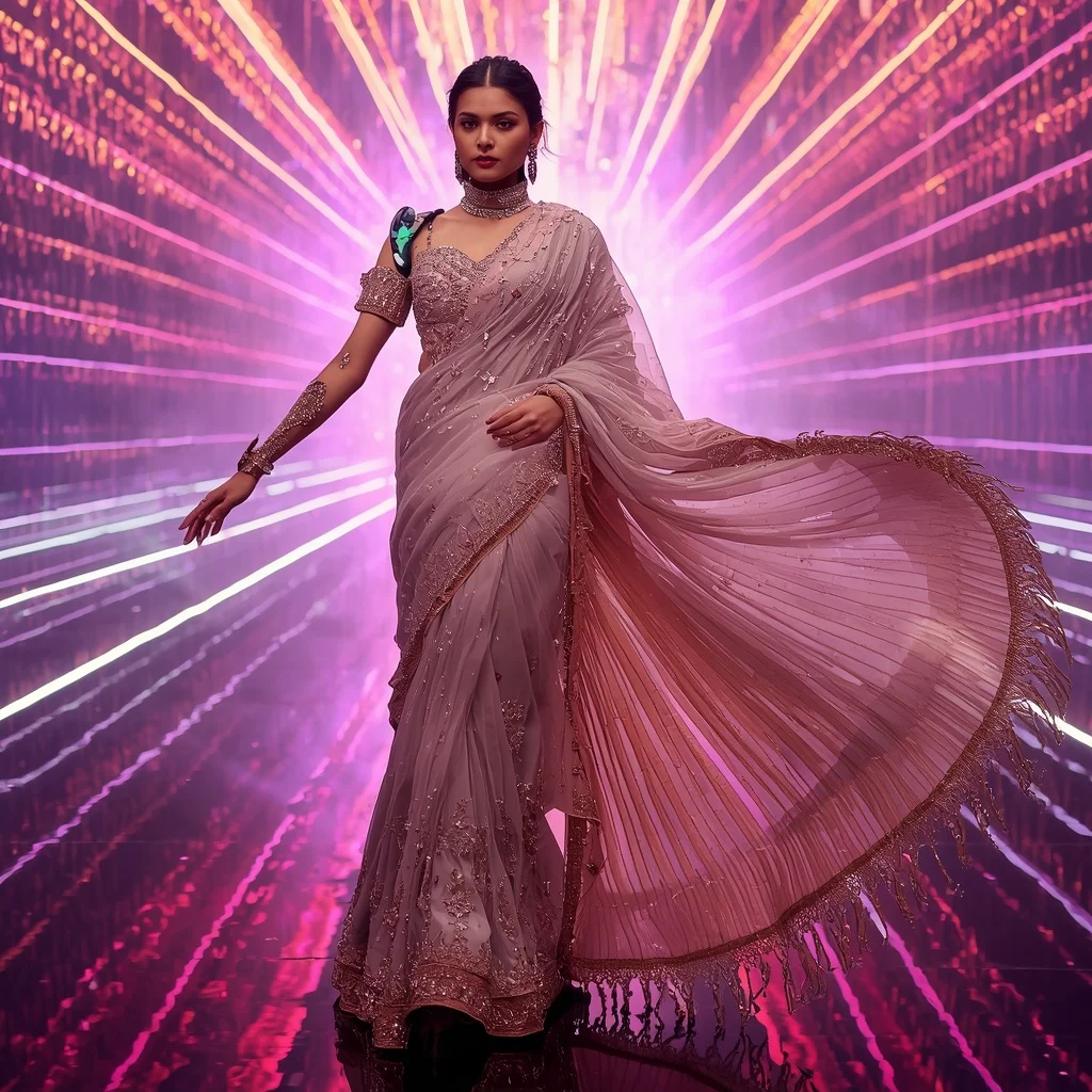 Champagne Aurora Crystal Saree with Floating Laser Infinity Kingdom | 3d Animation Ai Prompt