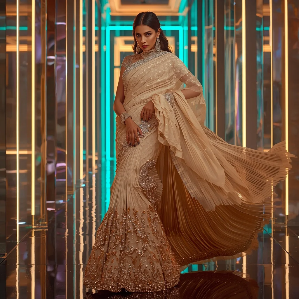 Champagne Aurora Crystal Saree with Floating Prism Palace | Instagram Reel Ai Prompt