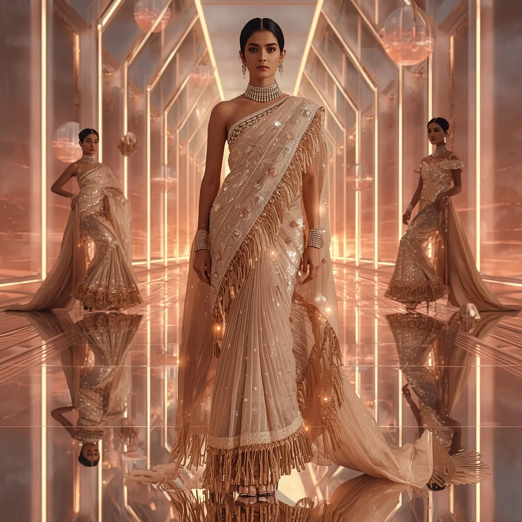 Champagne Aurora Mirage Saree with Floating Infinity Crystal Orbit Temple | Prompt Seen Gemini Girl Instagram
