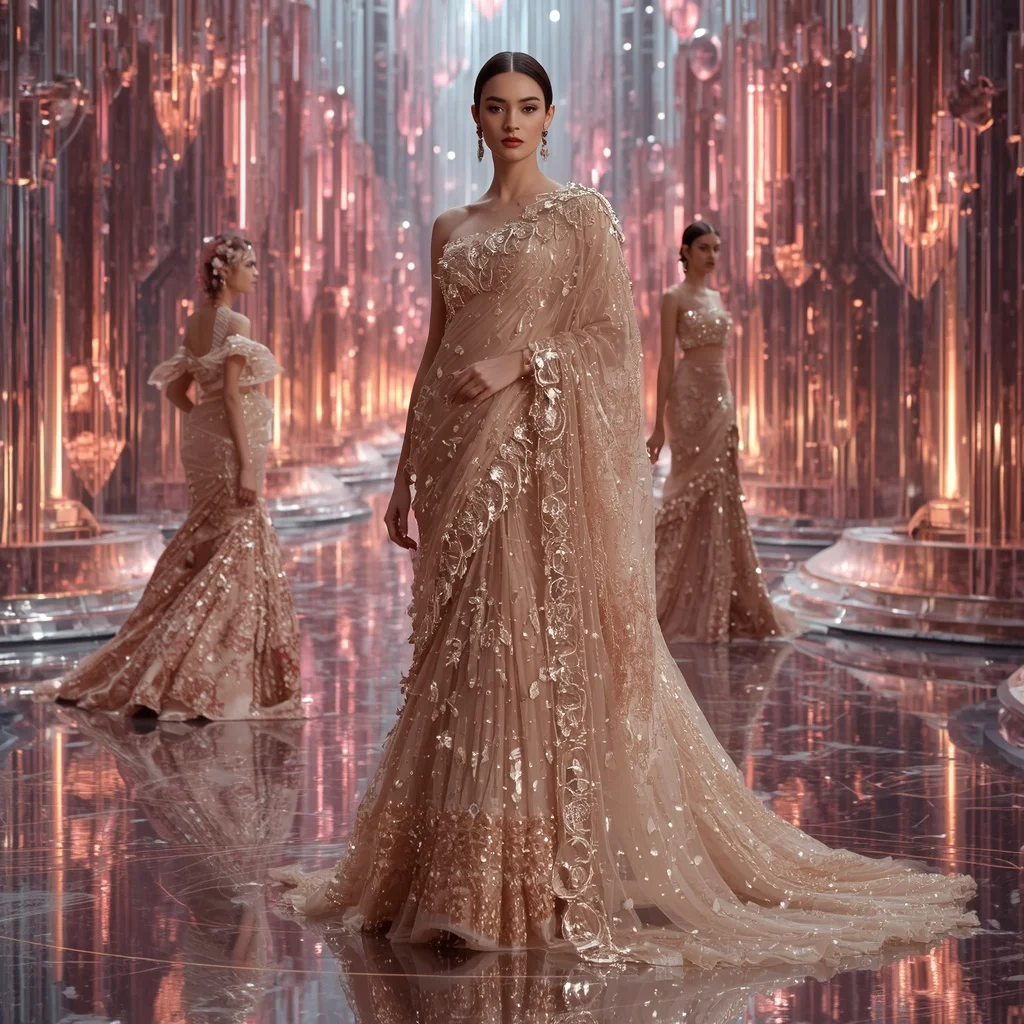 Champagne Aurora Mirage Saree with Floating Infinity Crystal Palace | Prompt Chatgpt