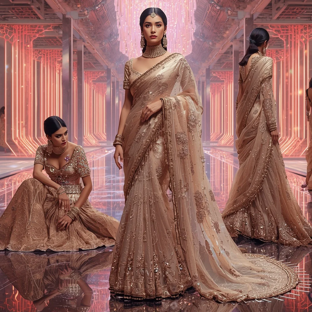 Champagne Aurora Mirage Saree with Floating Infinity Neon Crystal Waterfall Palace | Prompt For Gemini AI Girl Trending