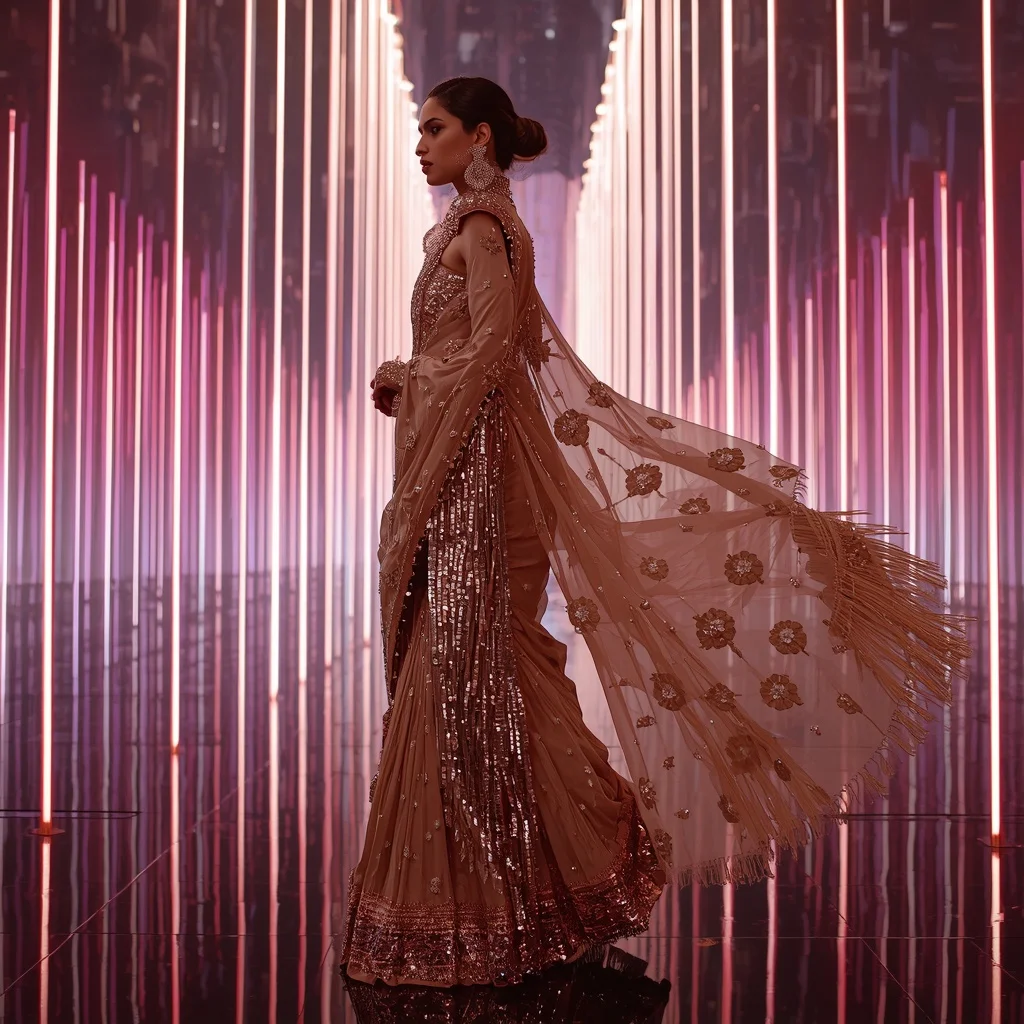 Champagne Crystal Aurora Saree with Floating Laser Infinity Cathedral | Anime Ai Prompt