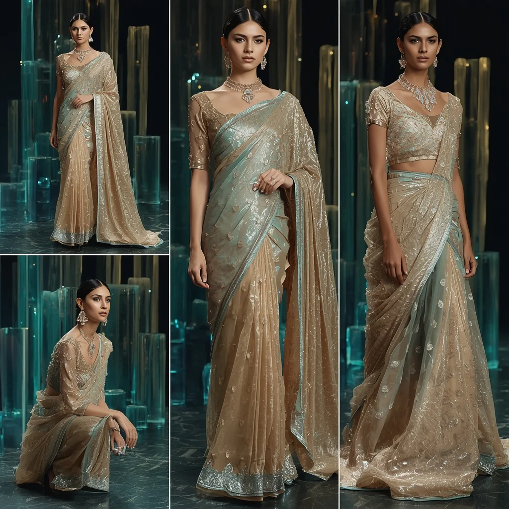 Champagne Ocean Mirage Saree with Floating LED Cathedrals | Pre Wedding Ai Prompt