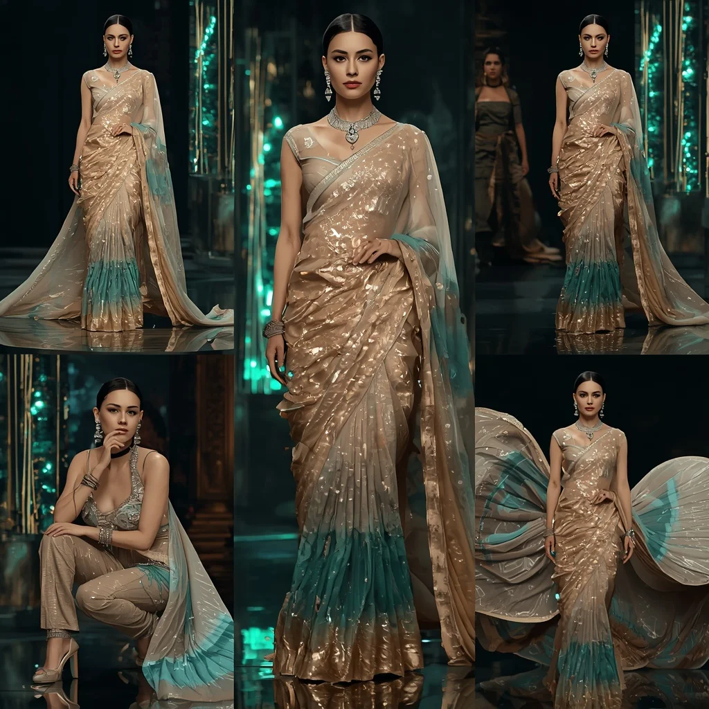 Champagne Ocean Mirage Saree with Floating LED Towers | Desi Girl Ai Prompt