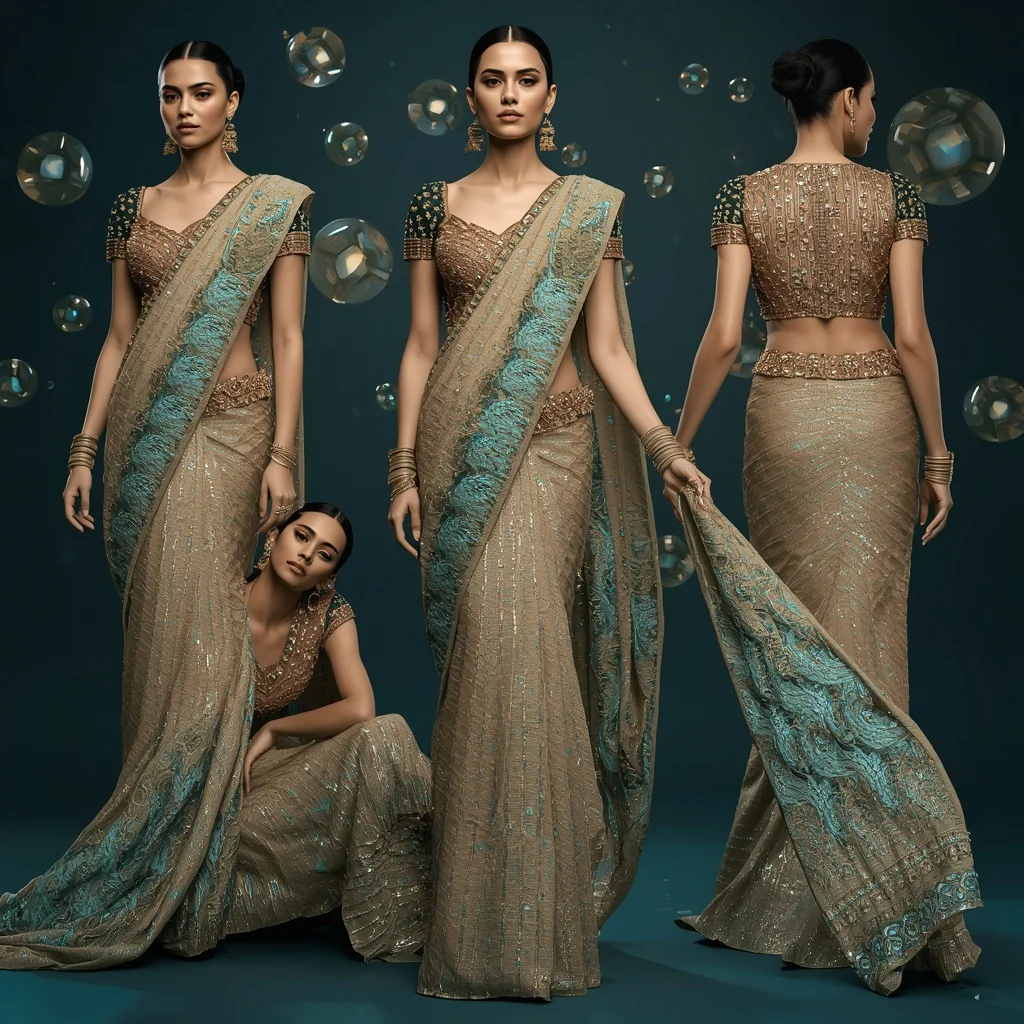 Champagne Ocean Symphony Saree with Floating LED Chambers | Gemini Ai Photo