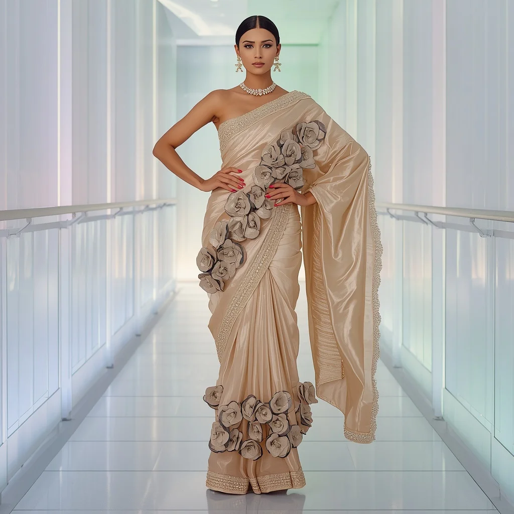 Champagne Tissue Silk Saree Sculpted Metallic Roses | Instagram Viral Photo Prompt