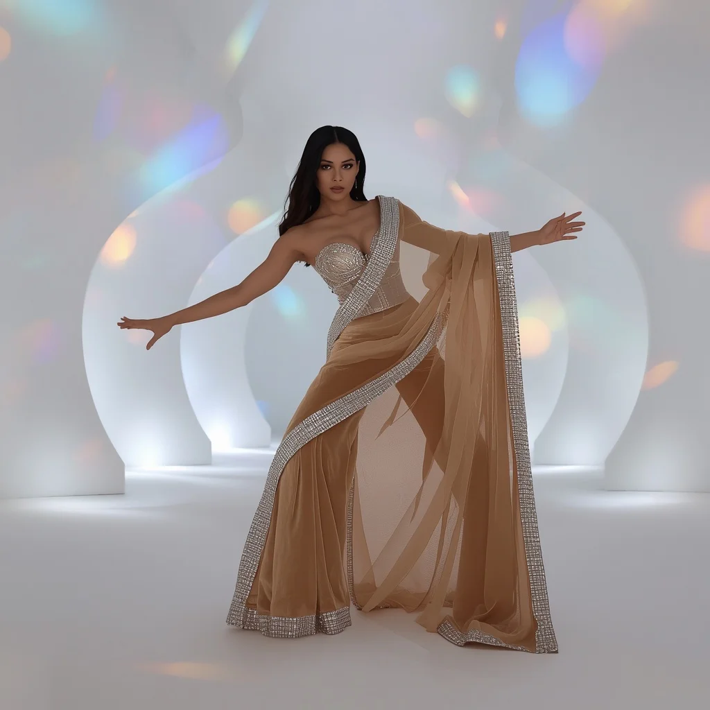 Champagne Velvet Saree with Massive Crystal Corset and Dramatic Drape | Prompt Generator