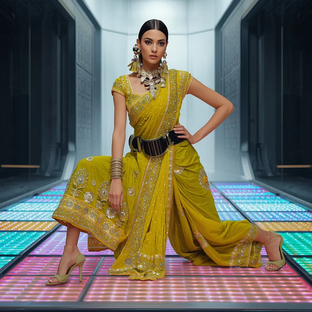 Chartreuse Yellow Heavy Gota Patti Saree with Metallic Belt | New Instagram Trend Prompt For Girl Copy And Paste