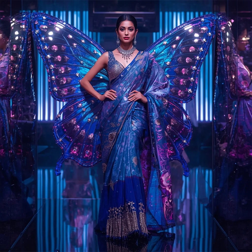 Chrome Butterfly Sapphire Palace Saree with Neon Universe Kingdom | Ai Gemini Photo Prompt