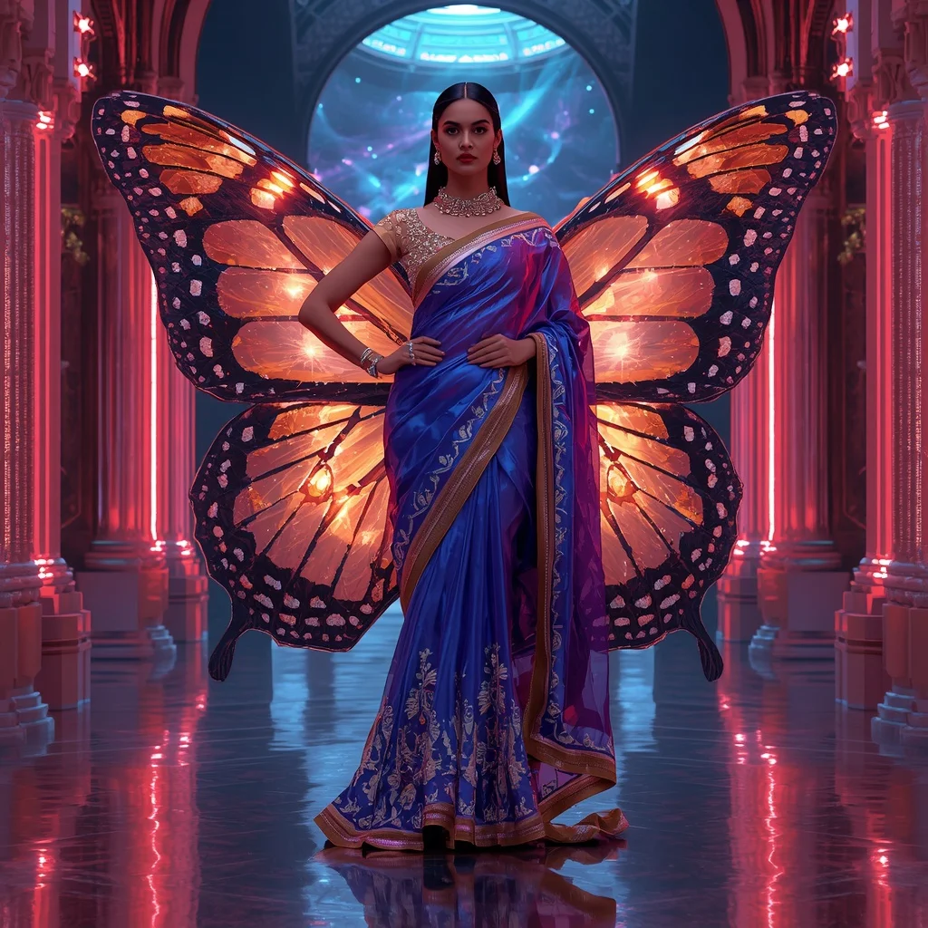 Chrome Butterfly Solar Palace Saree with Neon Universe Fortress | Instagram Photography Ai Prompt