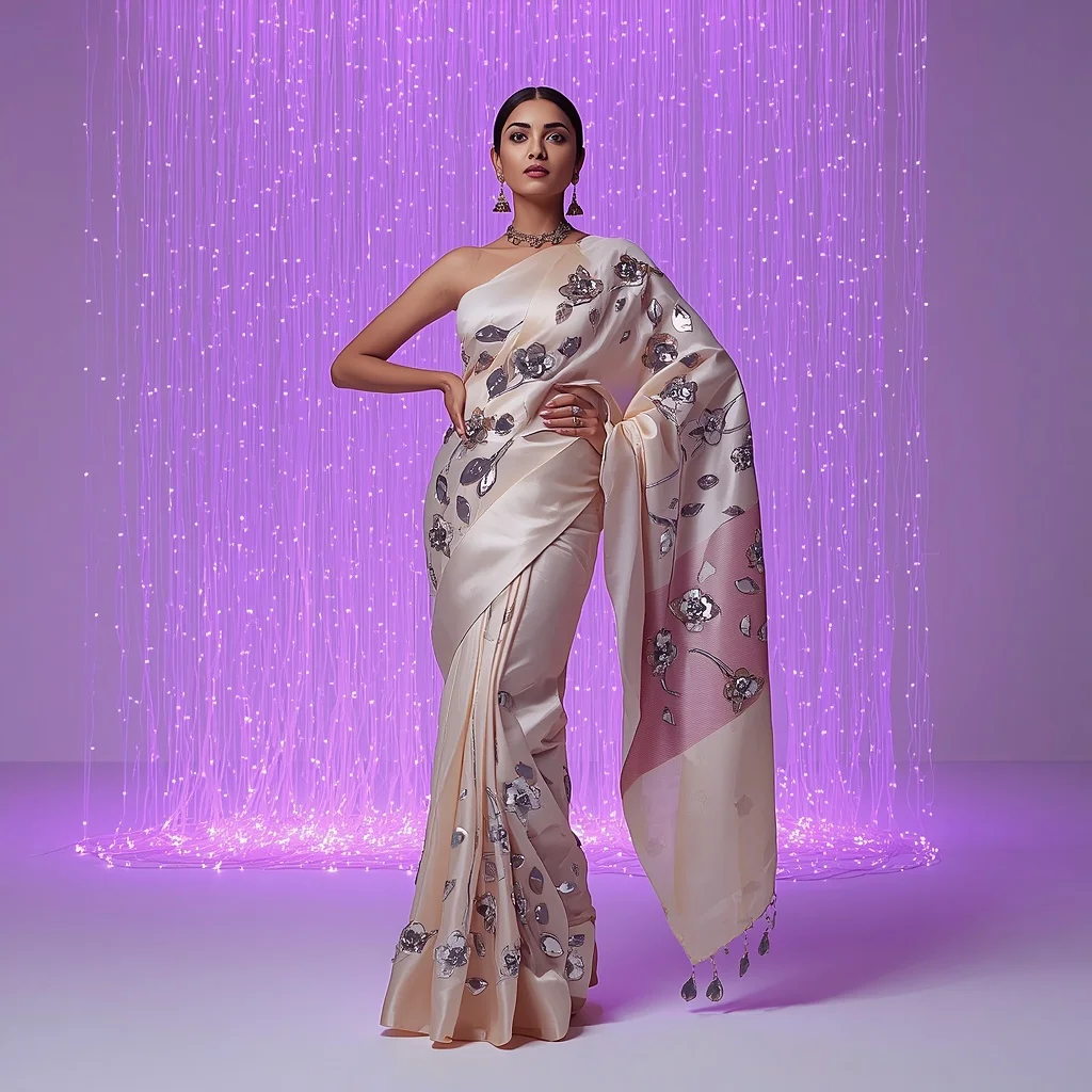 Chrome Floral 3D Silk Saree – Hand-on-Hip Gaze with Violet Fiber Optics | Prompt Gemini Ai