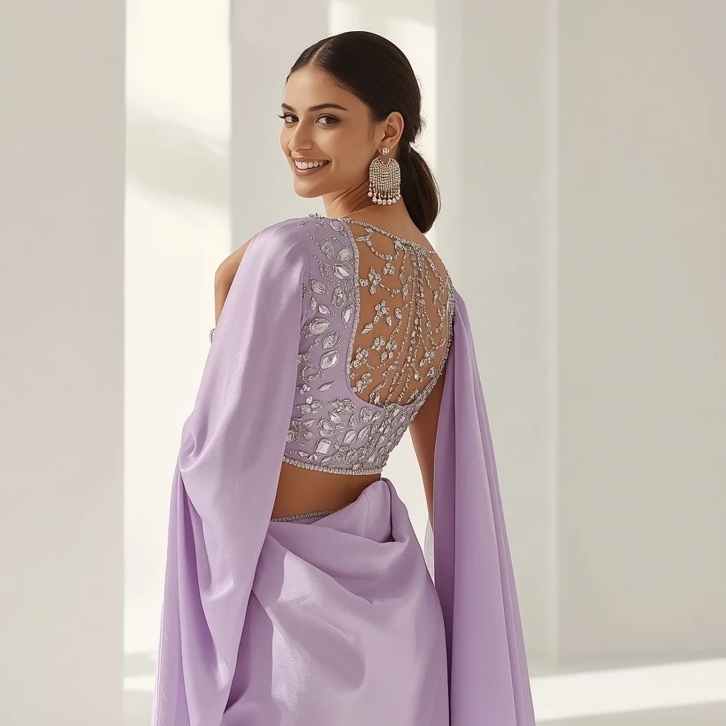 Chunky Glass Stonework Silver Thread Lavender Saree | Candid Laughing over Shoulder Pose | Fashion Ai Prompt