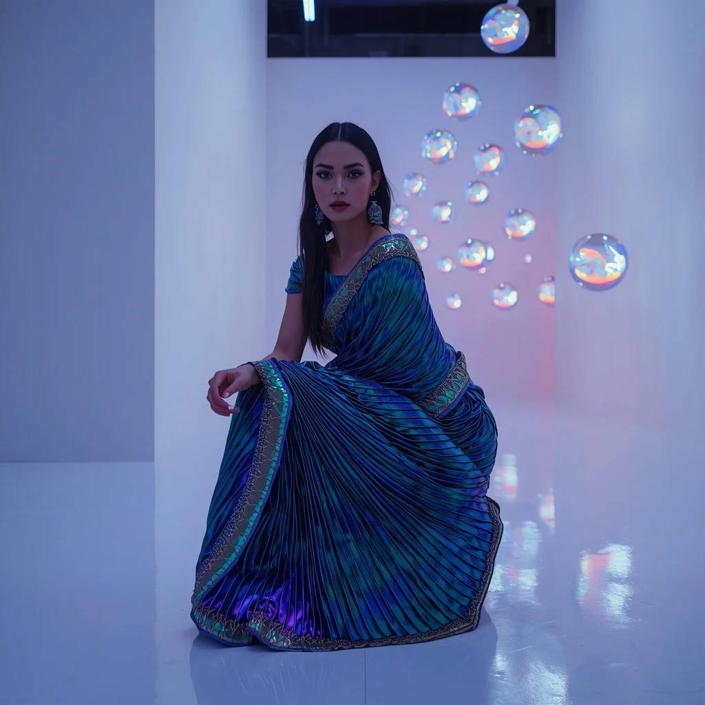 Color-Shifting Peacock Metallic Liquid Saree for Avant-Garde Poses | Girl Photo Prompt Gemini