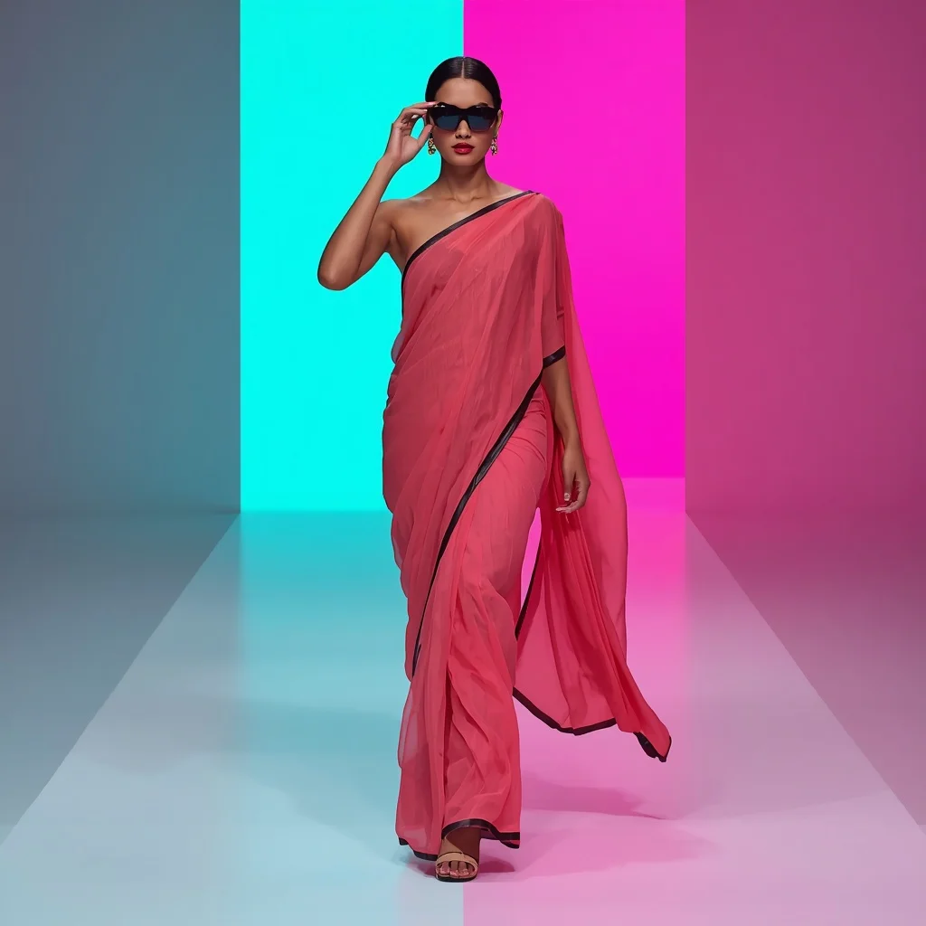 Coral Chiffon Leather-Trim Saree – Runway Power Walk with Split Neon Wall | Saree Ai Prompt