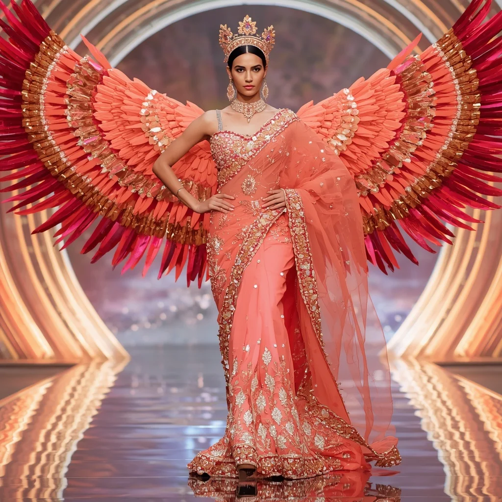 Coral Flamingo Crown Saree with Crystal Wing Infinity Megadome | Prompt Trending Girl 2026