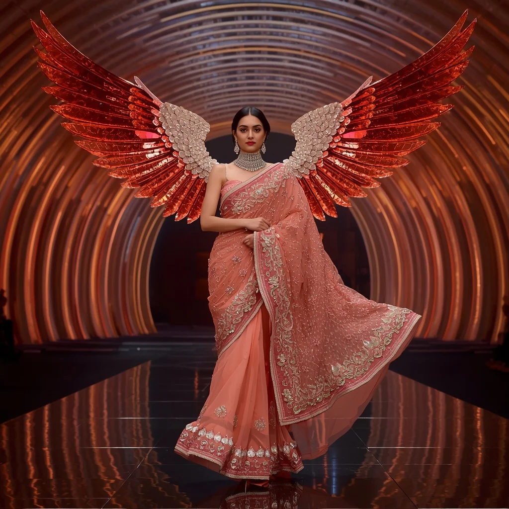 Coral Flamingo Royale Saree with Crystal Wing Infinity Dome | Gemini Ai Prompt