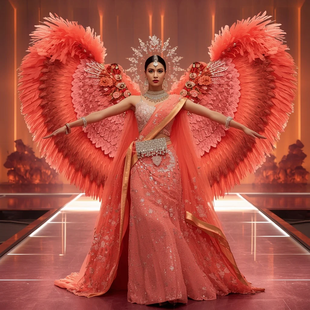 Coral Sunset Maharani Saree with Crystal Horizon Palaces and Sky Lagoon Kingdom | Instagram Profile Pic Ai Prompt