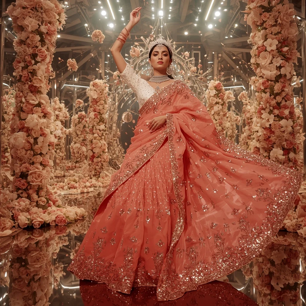 Coral Titanium Eclipse Hyperqueen Saree with Petal Aurora Eternal Megadome | Cute Girl Ai Prompt