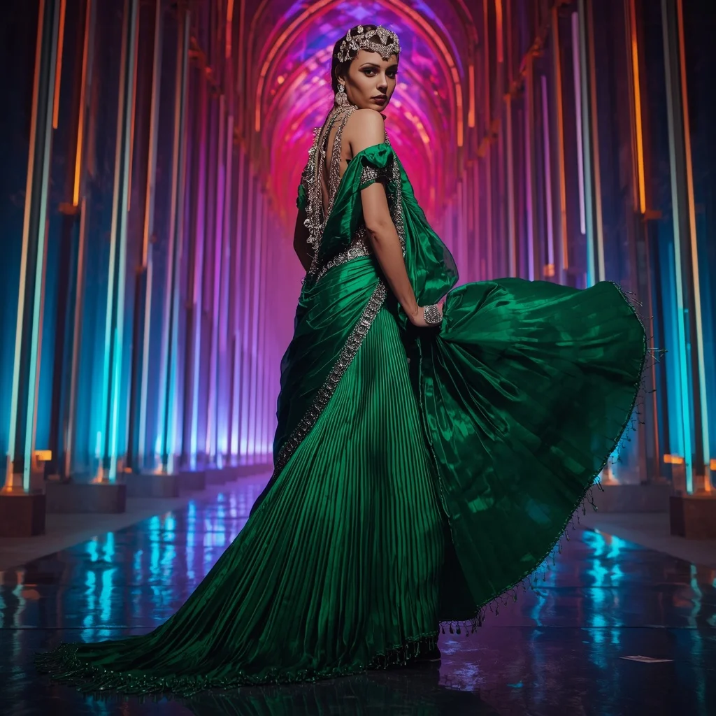 Cosmic Emerald Queen Saree with Neon Reflection Galaxy Cathedral | Ideogram Ai Prompt