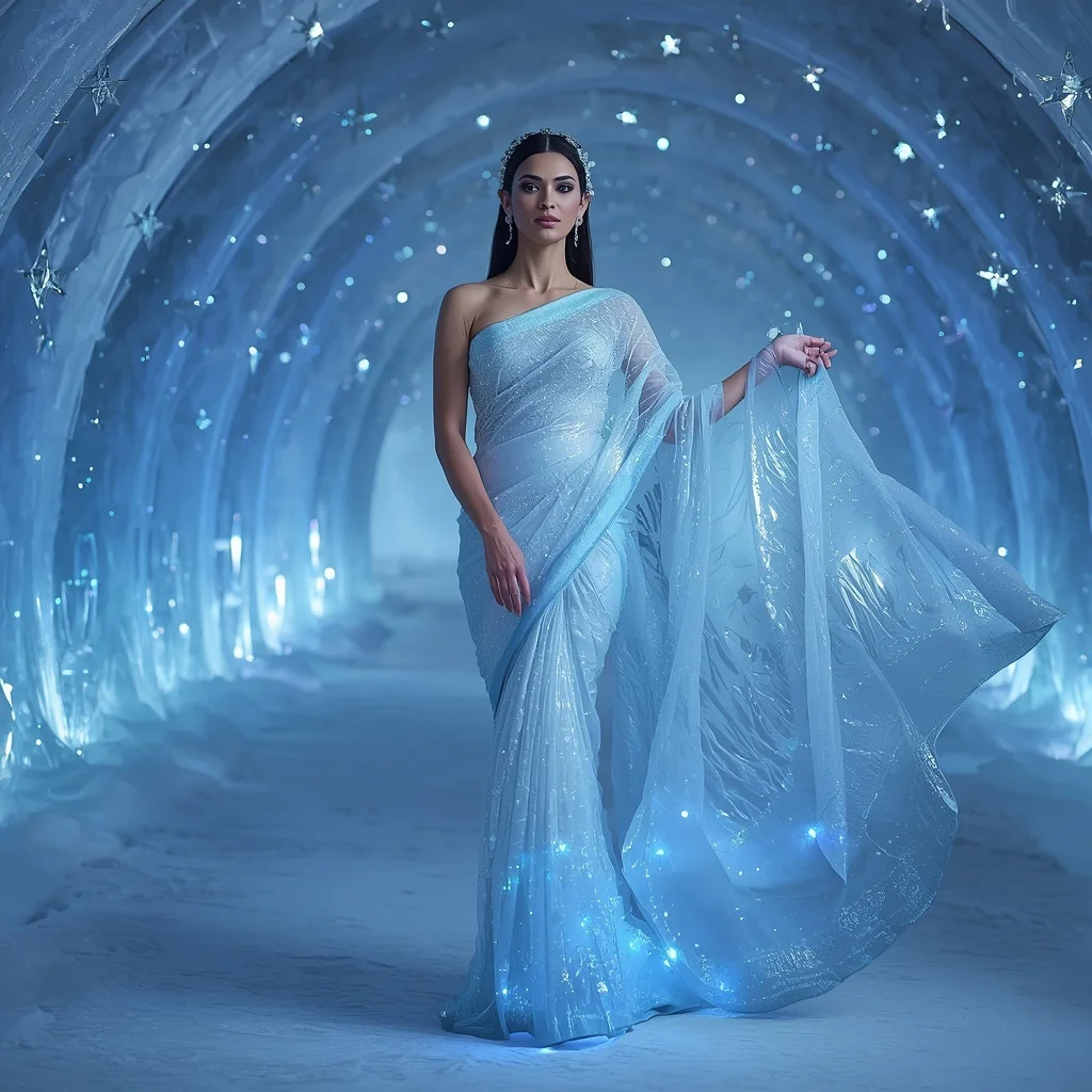 Cosmic Ice Silk Queen Saree with Frozen Star Corridor | Saree Ai Prompt