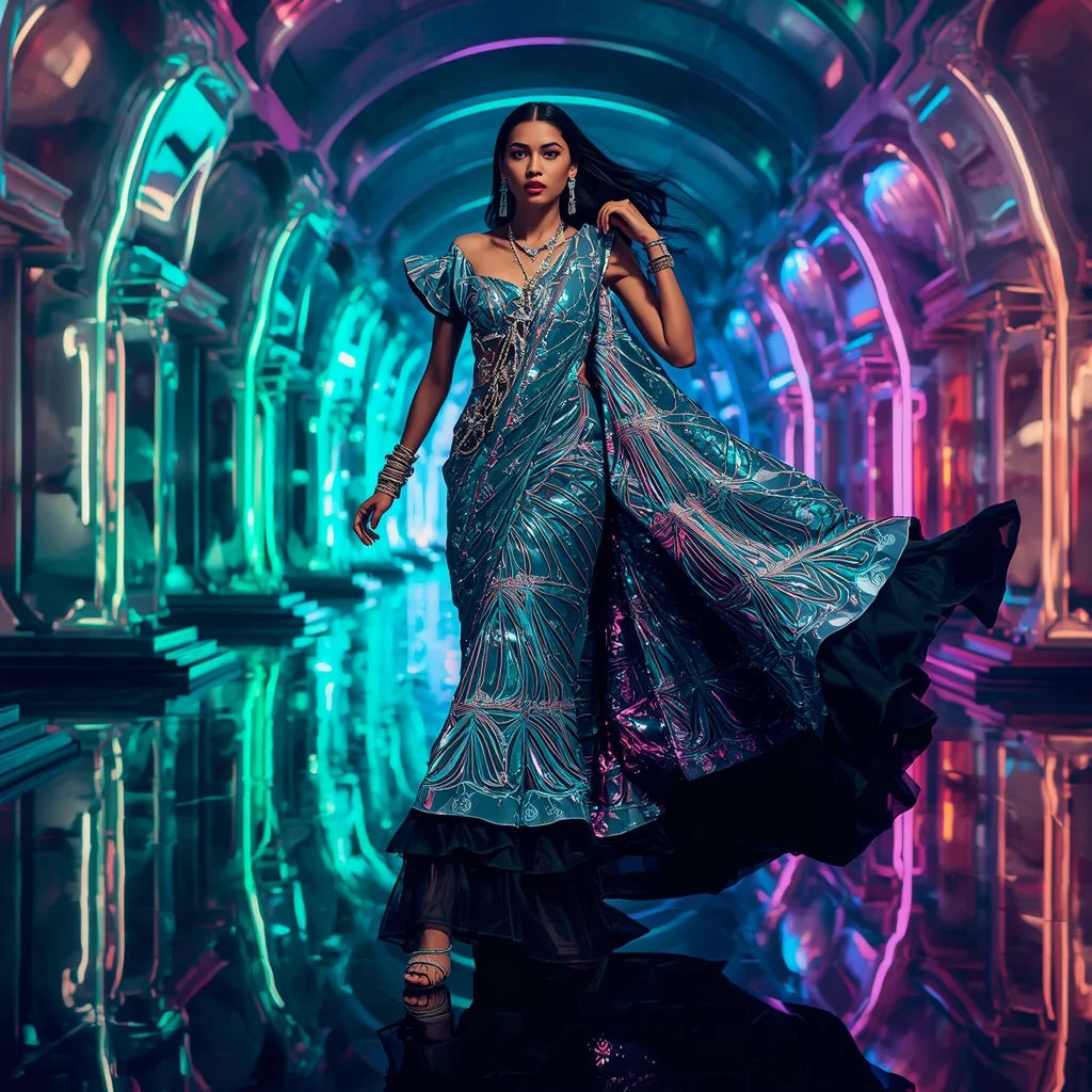 Cosmic Mirror Empress Saree with Floating Neon Infinity Temples | Flux Ai Prompt