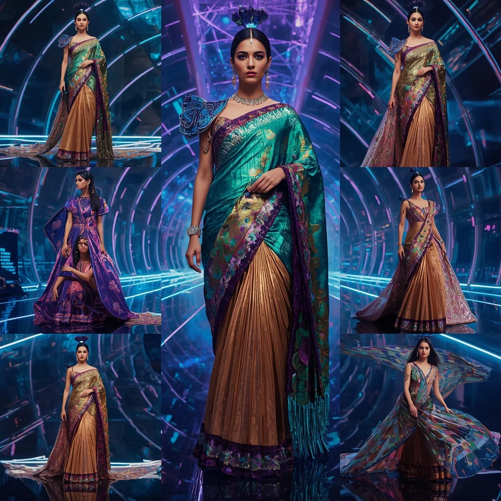 Cosmic Peacock Empress Saree with Floating Infinity Neon Diamond Palace | 3d Animation Ai Prompt