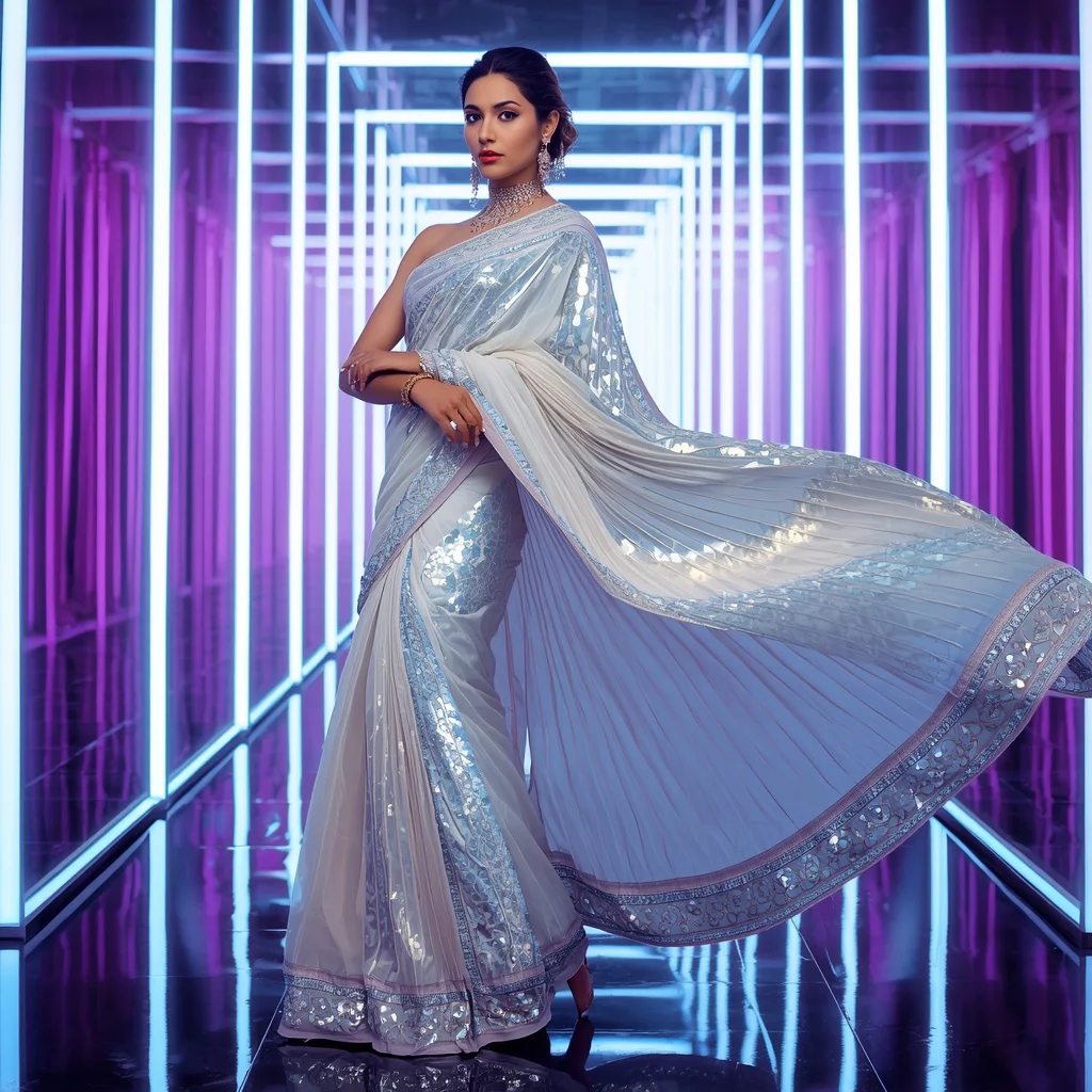Cosmic Pearl Eclipse Saree with Dynamic Neon Prism Corridors | Image To Prompt