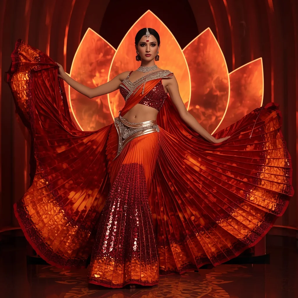 Crimson Agni Devyani Saree with Solar Lotus Flame Crown Throne Eternafortress | Ai Image Prompt