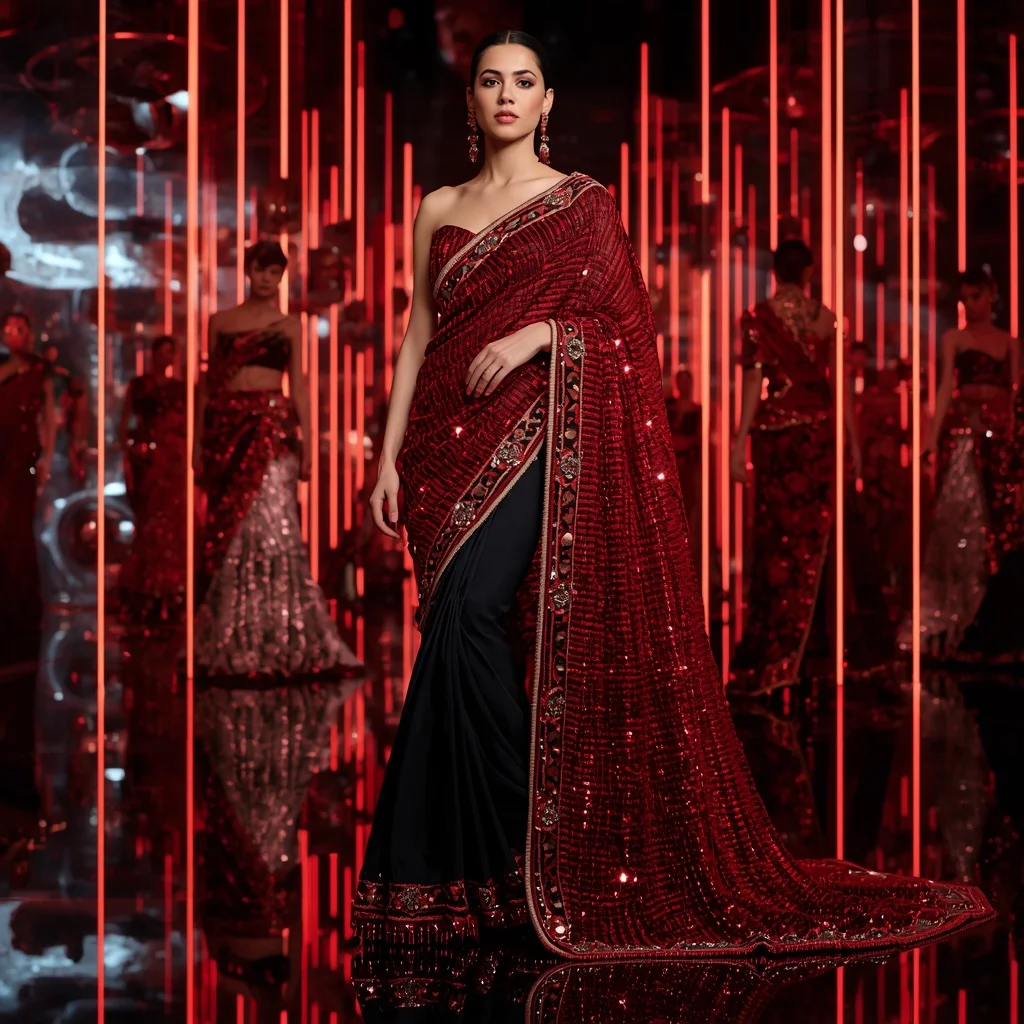 Crimson Cyber Royale Saree with Floating Neon Orbit Empire | Trending Prompt Girls ChatGPT