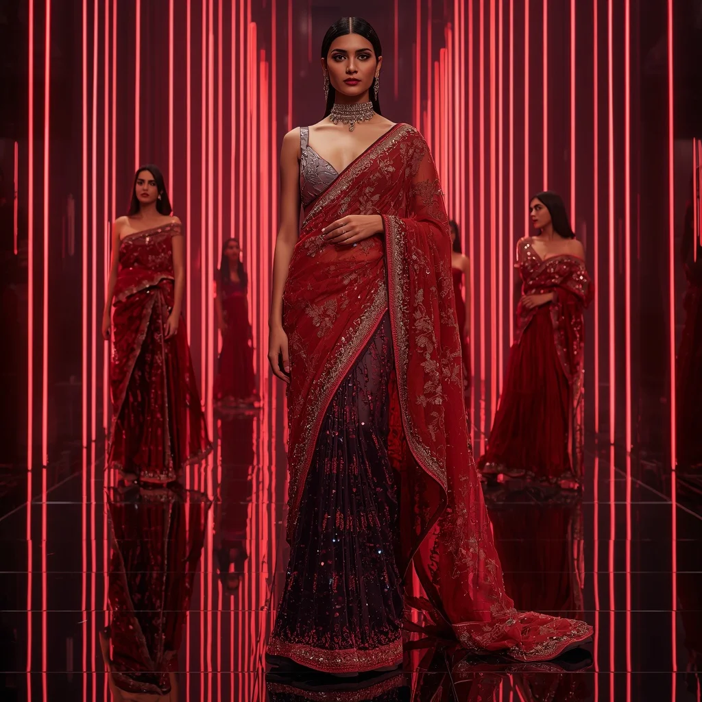 Crimson Cyber Royale Saree with Floating Neon Orbit Galaxy Temple | Makeup Ai Prompt