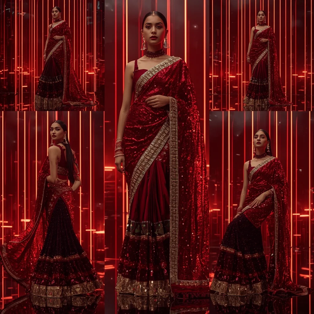 Crimson Cyber Royale Saree with Floating Neon Orbit Palace | Stable Diffusion Prompt