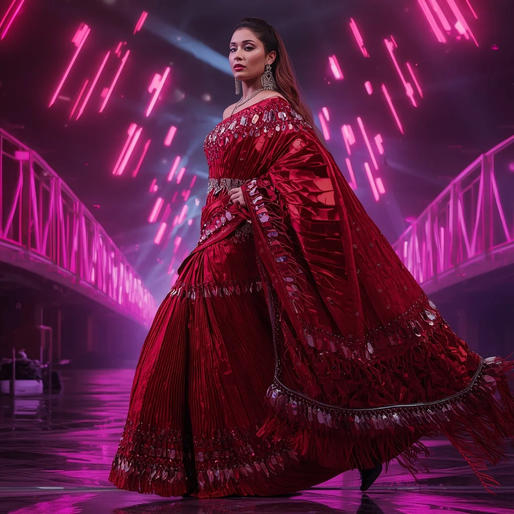 Crimson Nova Flame Saree with Floating Infinity Neon Palace Bridges | Ai Portrait Prompt