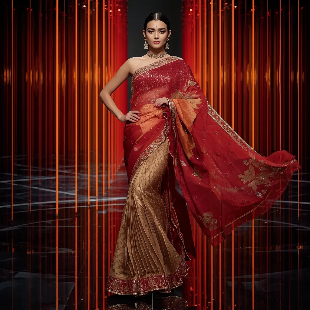 Crimson Prism Mirage Saree with Reflection Infinity Hall | Anime Ai Prompt