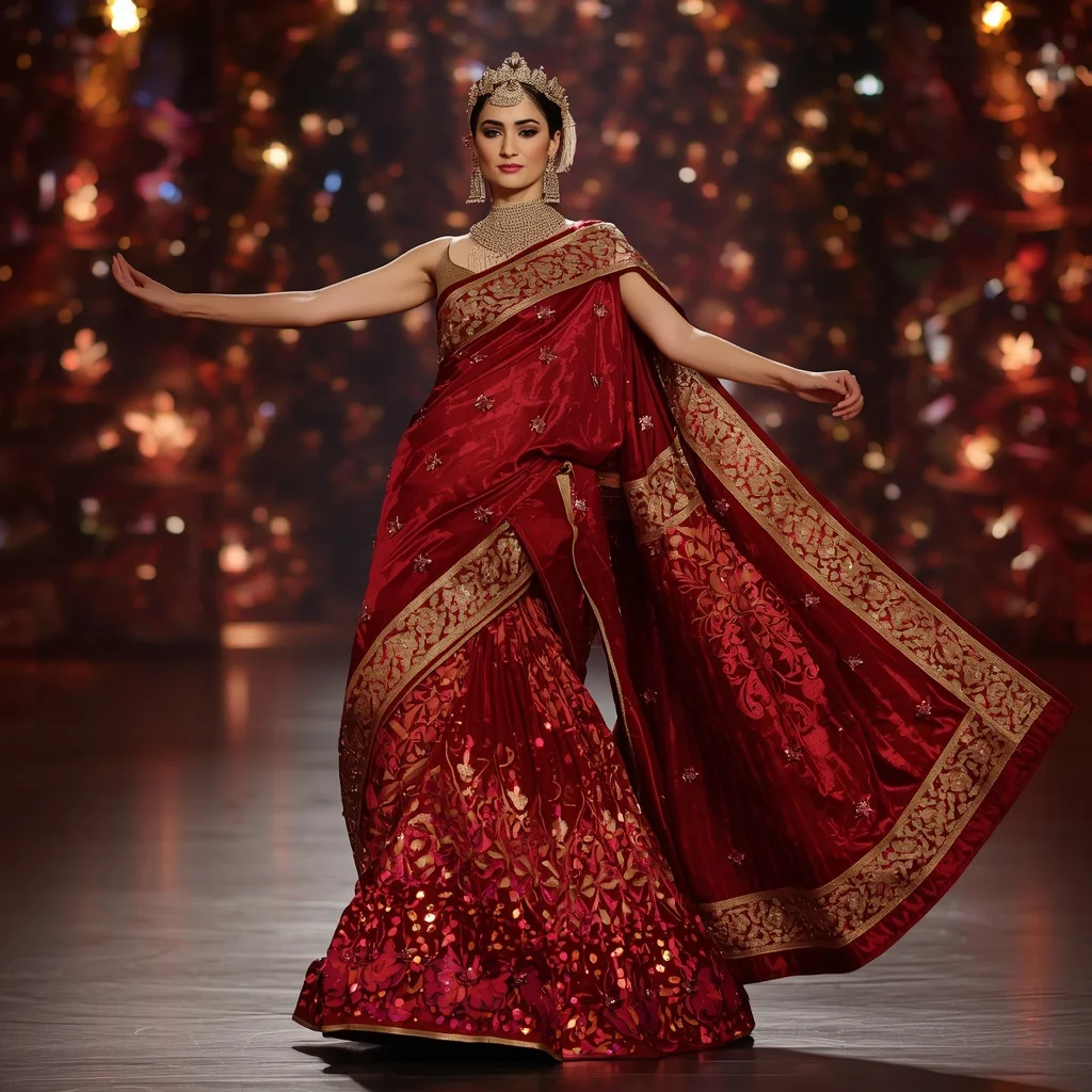 Crimson Solar Crown Saree with Floating Fire Halo Citadels | Cute Prompt For Girls In Saree