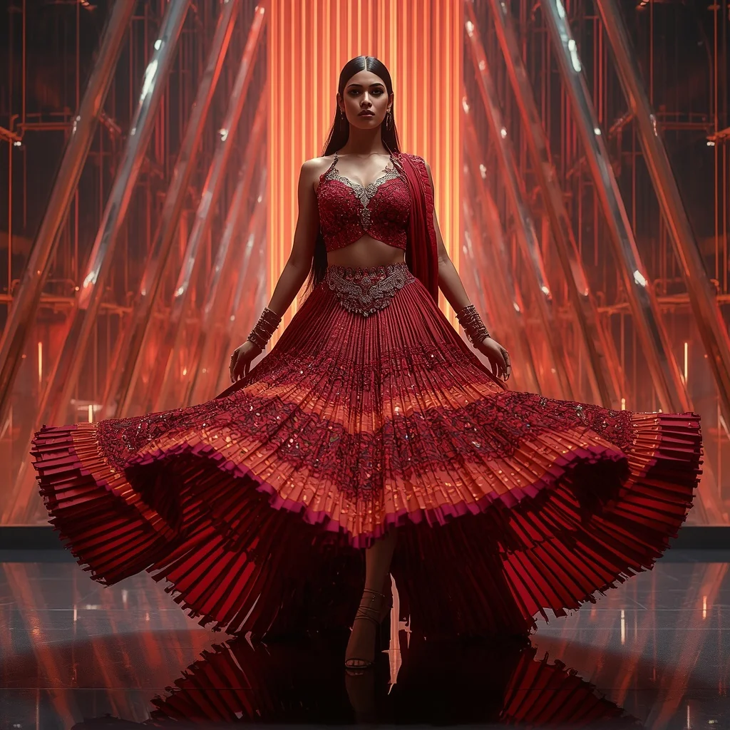 Crimson Thunder Royale Saree with Prism Reflection Fortress | Gemini Ai Prompt Copy Paste