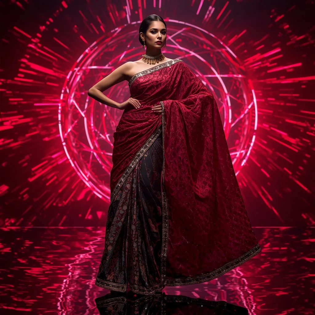 Crimson Titanium Infinity Saree with Dynamic Laser Spiral Worlds | Instagram Prompt For Traditional Look For Girl