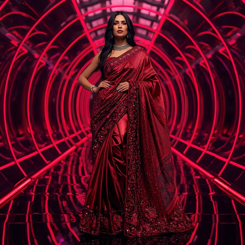 Crimson Titanium Quantum Saree with Dynamic Laser Spiral Corridors | Ai Girl Image Prompt
