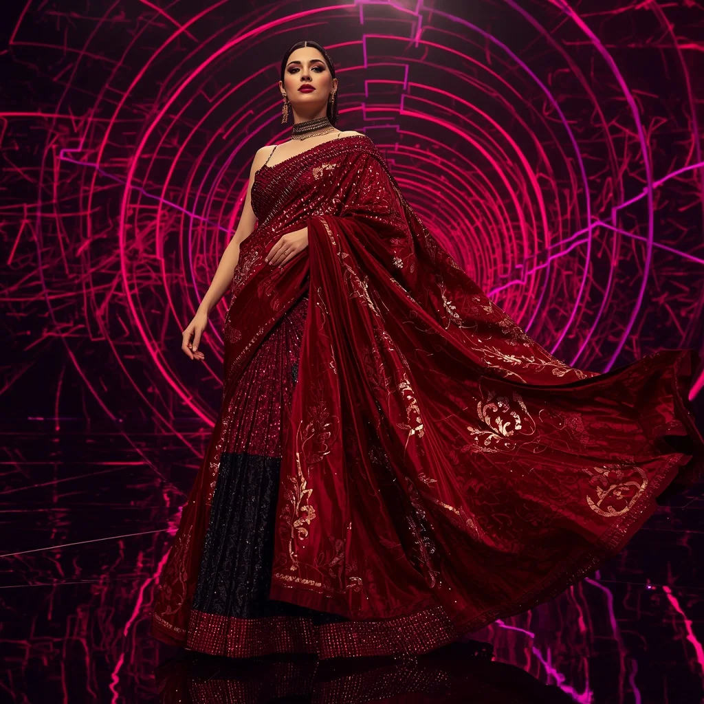 Crimson Titanium Quantum Saree with Dynamic Laser Spiral Palaces | Prompt For Girls Trending