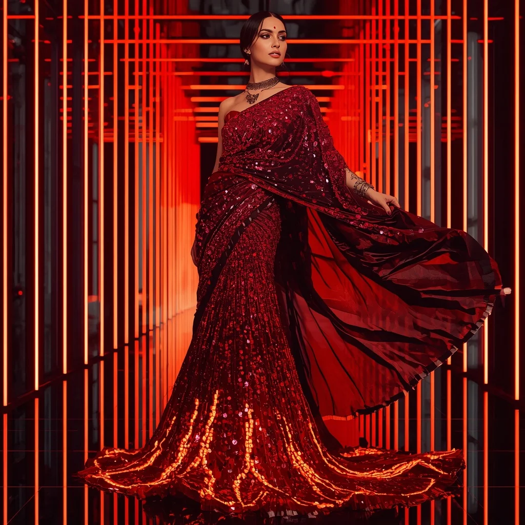 Crimson Volcano Eclipse Saree with Digital Prism Orbit Corridor | Stable Diffusion Prompt
