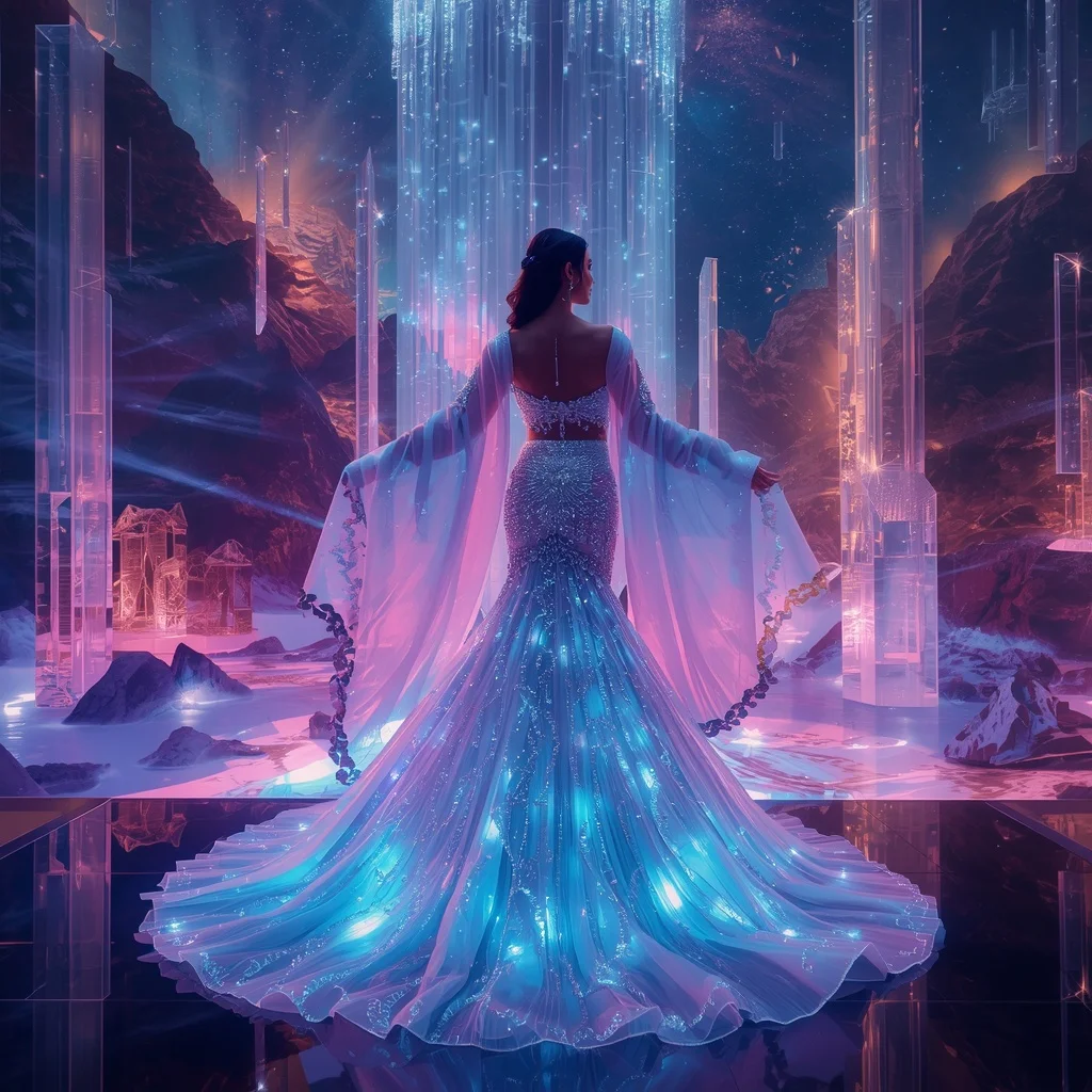 Crystal Aurora Canyon Saree with Floating Light Valley Empire | New Instagram Trend Prompt For Girl And Boy Copy And Paste