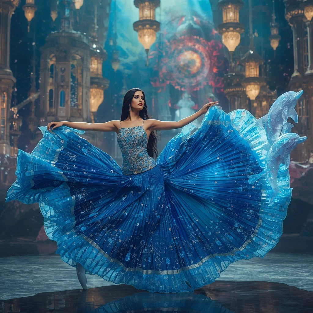 Crystal Aurora Dolphin Saree with Celestial Wave Festival Empire | Ai Video Generator Prompt