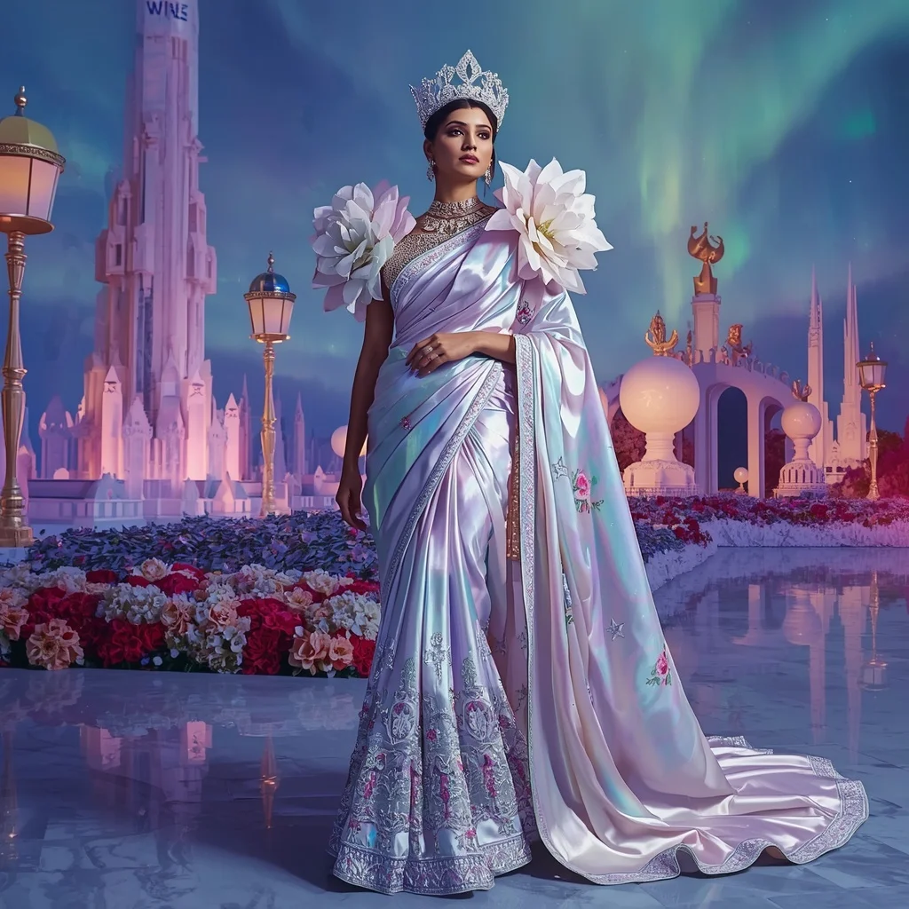 Crystal Aurora Garden Palace Saree with Polar Floral Empire | Gemini Prompt