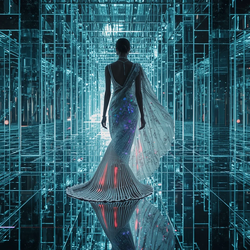 Crystal Aurora Mirror Maze Saree with Infinite Light Labyrinth Universe | Influencers Ai Prompt