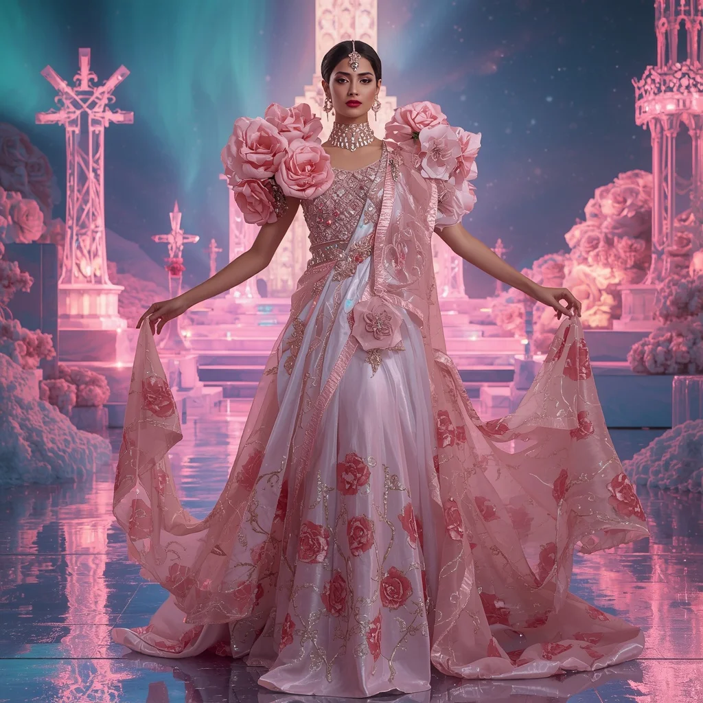 Crystal Aurora Rose Cathedral Saree with Polar Bloom Dominion | Chatgpt Photo Editing Styles For Girl