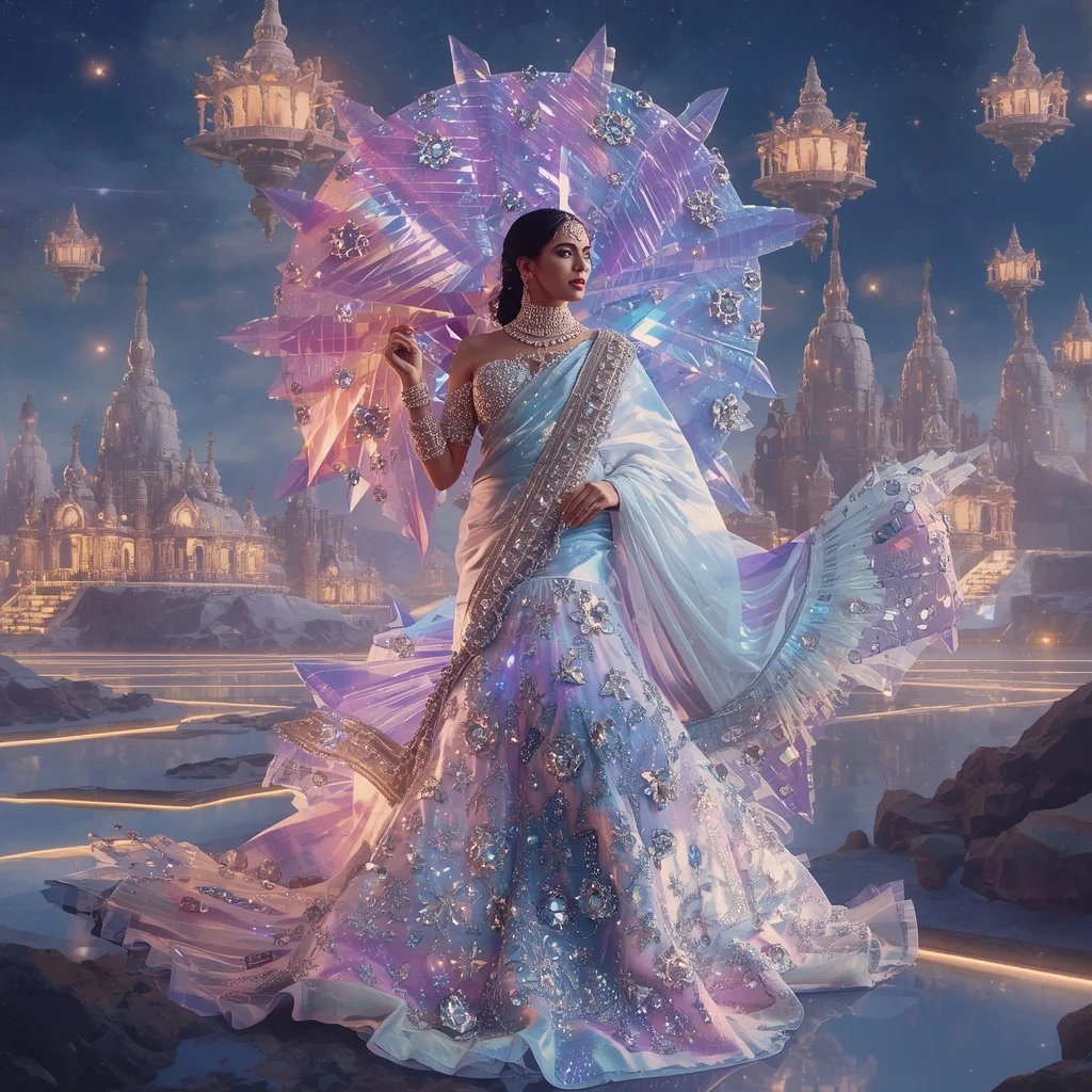 Crystal Aurora Temple Saree with Floating Celestial Festival Kingdom | Image To Prompt