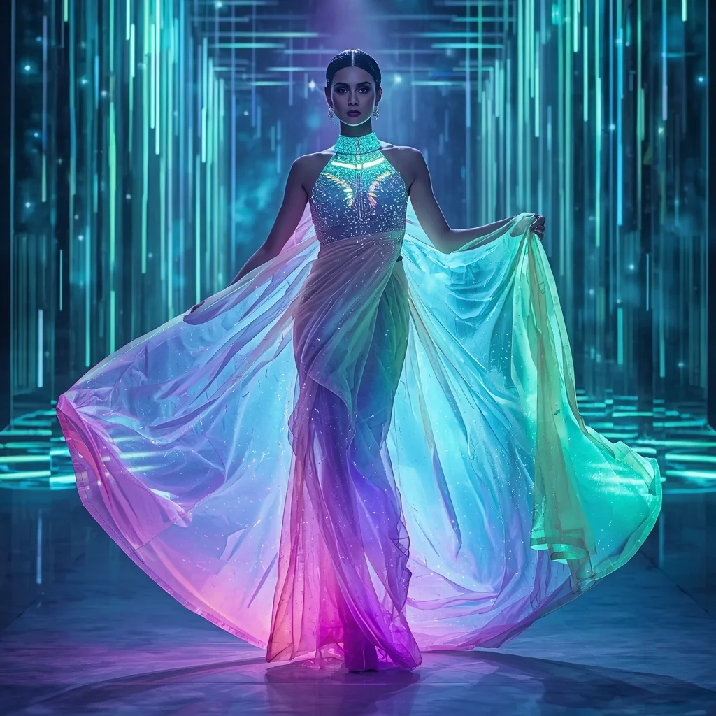 Crystal Aurora Wave Saree with Floating Light Curtains | 3d Animation Ai Prompt