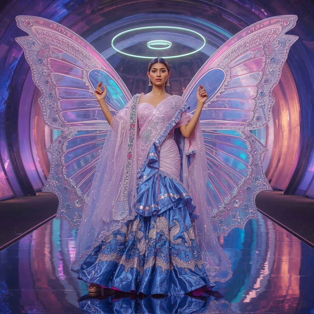 Crystal Butterfly Halo Saree with Fantasy Aurora Dome | Chatgpt Photo Editing Prompts Trending Instagram Download