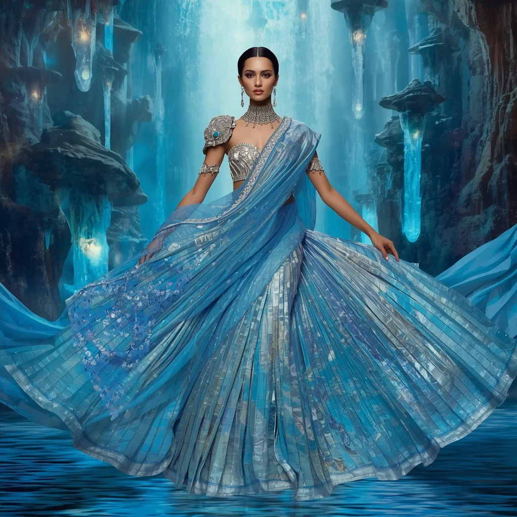 Crystal Canyon Waterfall Saree with Floating Prism River Empire | Instagram Carousel Ai Prompt
